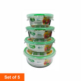 Clickfresh FoodSafe 400ml, 650ml, 950ml & 1300ml Round Glass Food Storage & Bakeware Container with Airtight Lid | 560°C Microwave Safe | High Borosilicate | Leak Proof | Set of 4 Glass Containers